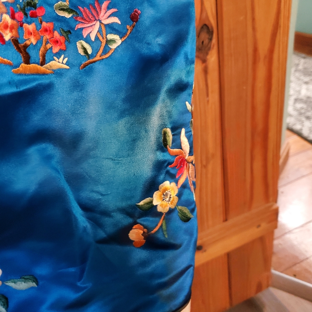 Blue Embroidered Satin Top with Floral Motif - Picture 14 of 16